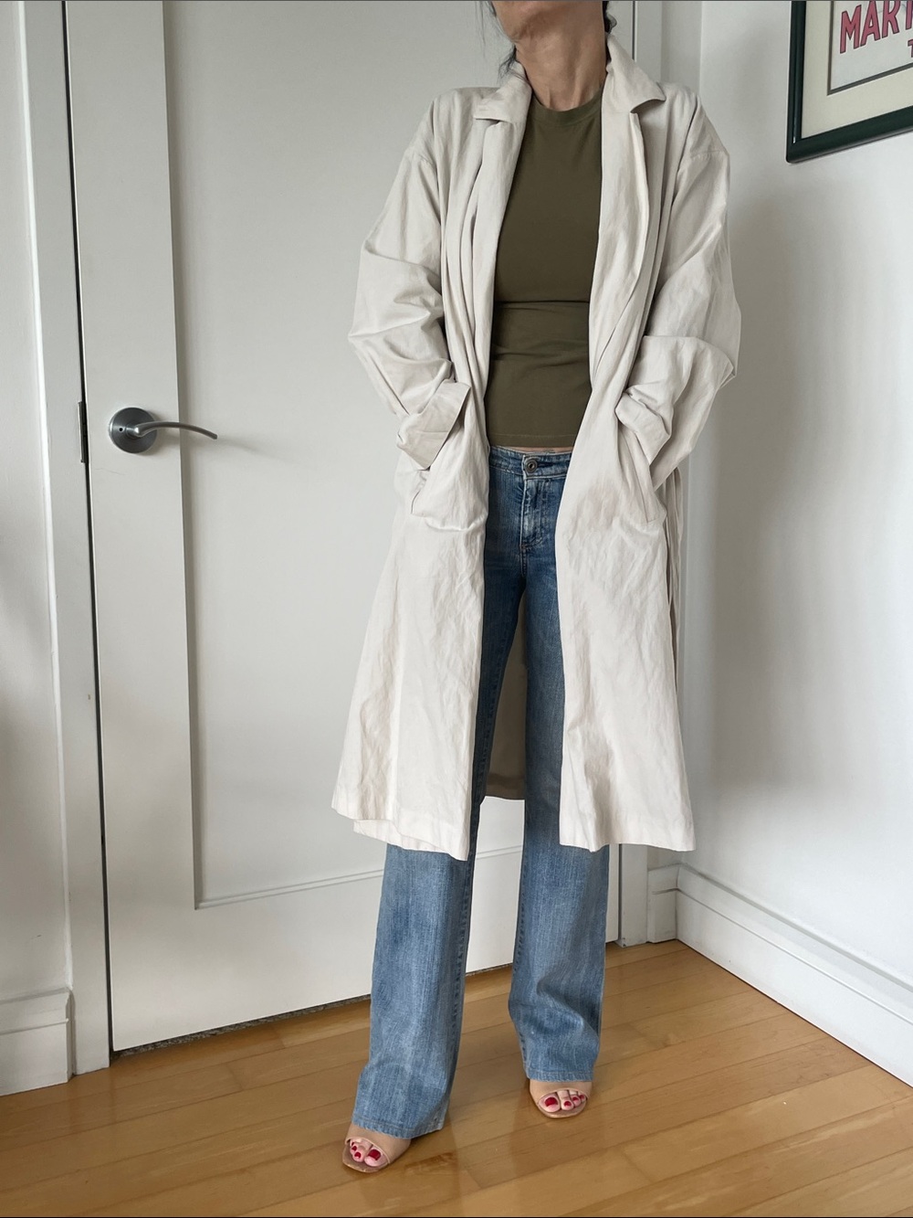 Eileen Fisher Lightweight Cream Wrap Trench Coat with Tie Waist